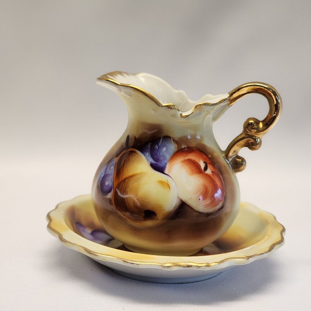 Creamer  w/plate hand painted Fruit  Gold Trim Enesco  JAPAN  E2359